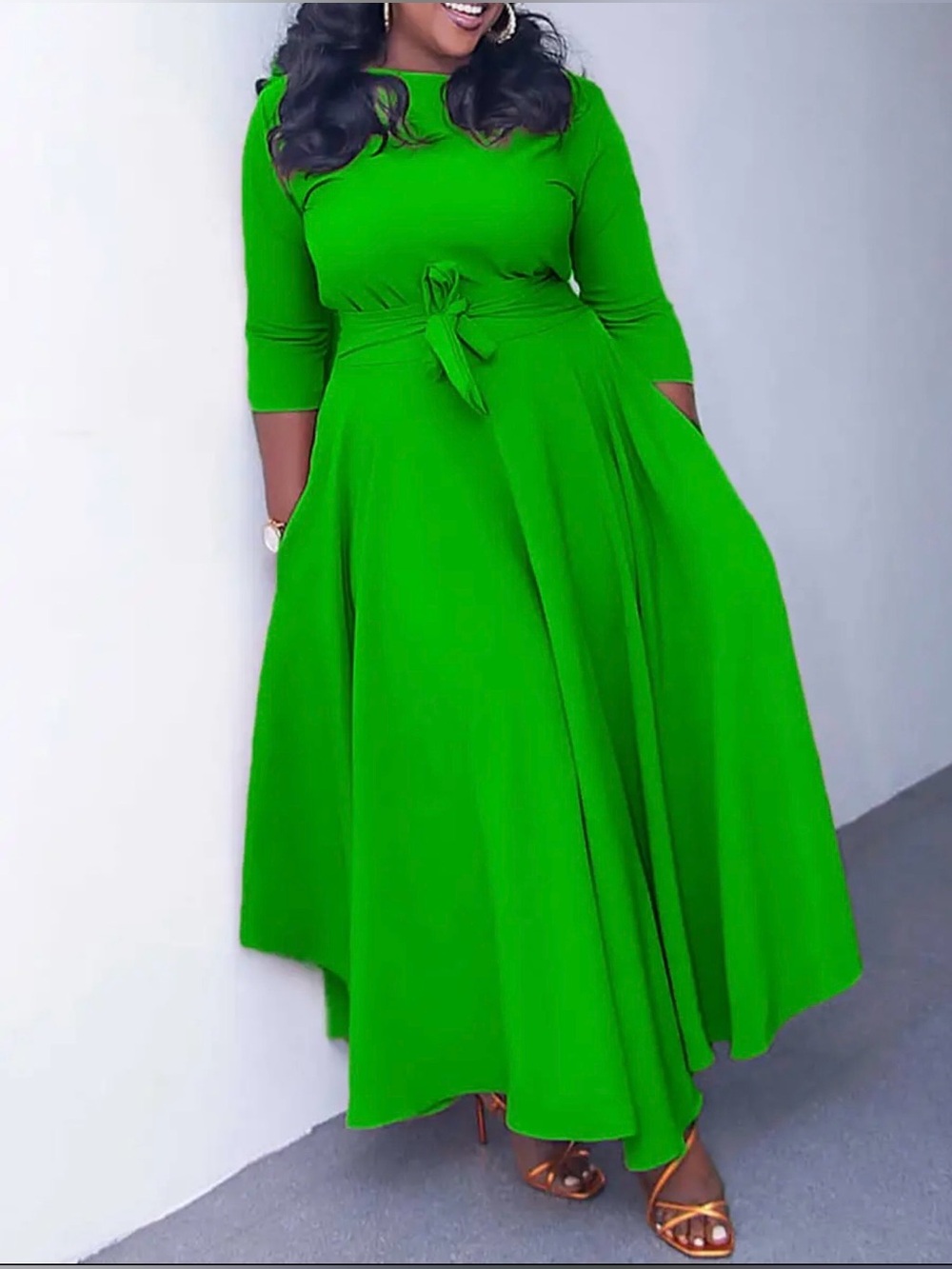 Green Tie-Waist Maxi Dress with Three-Quarter Sleeves